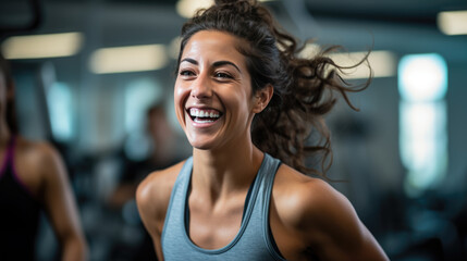 Portrait of a young athletic woman in a gym - obrazy, fototapety, plakaty