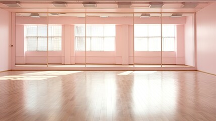 Photography of an empty dance studio with mirror reflections creating light patterns on the wooden...