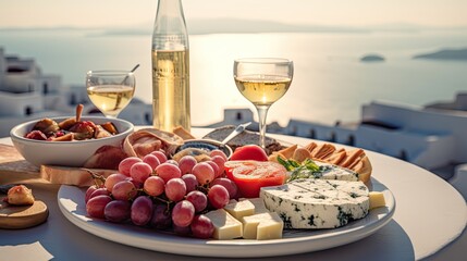 Dinner of Greek cuisine against the backdrop of the sparkling blue Aegean Sea. Food photography - obrazy, fototapety, plakaty