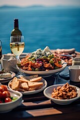 Dinner of Greek cuisine against the backdrop of the sparkling blue Aegean Sea. Food photography