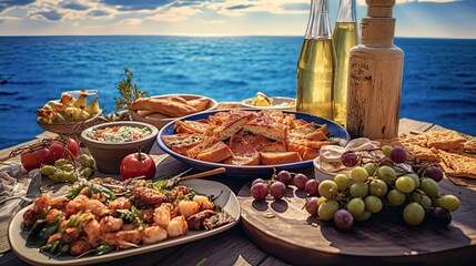 Dinner of Greek cuisine against the backdrop of the sparkling blue Aegean Sea. Food photography - obrazy, fototapety, plakaty