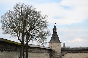 The wall and tower of the Pskov Krom (Kremlin). Pskov, Russia