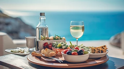 Foto auf Acrylglas Mittelmeereuropa Dinner of Greek cuisine against the backdrop of the sparkling blue Aegean Sea. Food photography