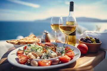 Fototapeta na wymiar Dinner of Greek cuisine against the backdrop of the sparkling blue Aegean Sea. Food photography
