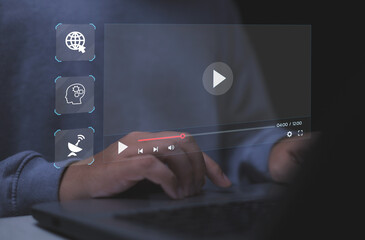 Electronic education concept using artificial intelligence Learning by future technology Man uses virtual screen to learn through AI technology