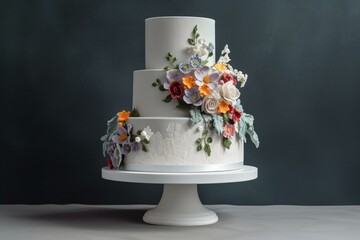 Floral-adorned white wedding cake on a gray background. Generative AI