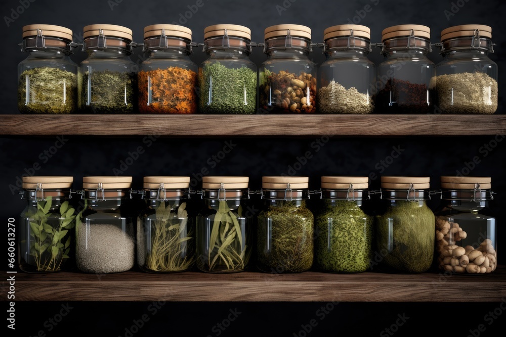 Poster A picture showcasing a variety of spices neatly arranged on a shelf. This image can be used to add flavor and color to recipes or to depict a well-stocked spice collection in a kitchen or pantry.