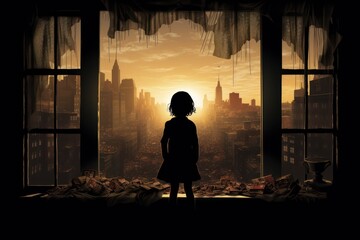 silhouette of an orphaned child stands in the ruins looking at skyscraper from afar. generative ai - obrazy, fototapety, plakaty