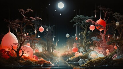 The silver moon illuminates an enchanted night scene, where trees dance in the breeze and lanterns glow like underwater creatures in a mystical aquarium