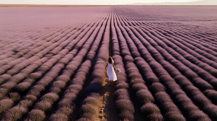 mujer atravesando campo de lavanda con un vestido blanco