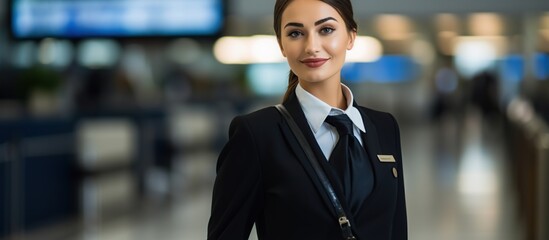 Smiling flight attendant in uniform looking at camera - obrazy, fototapety, plakaty