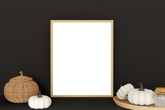 blank frame mockup on black background and white pumpkin 8x10