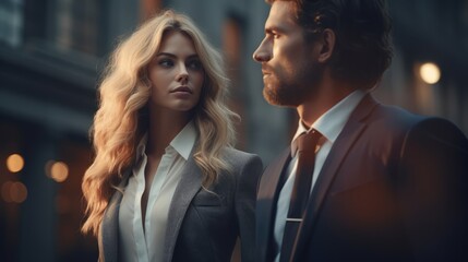 A dapper gentleman in a tailored suit and blazer locks eyes with a fierce woman in street fashion, their clothing and hair billowing in the outdoor breeze, as they stand in perfect symmetry