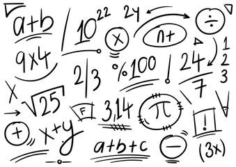 hand drawn math symbols set. education background. mathematical background