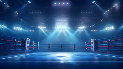 Boxing fight ring close-up shot, Interior view of sport arena with fans and shining spotlights - obrazy, fototapety, plakaty
