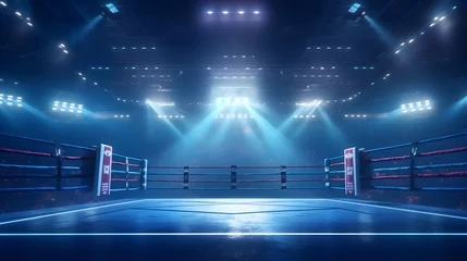 Foto auf Acrylglas Boxing fight ring close-up shot, Interior view of sport arena with fans and shining spotlights © Trendy Graphics