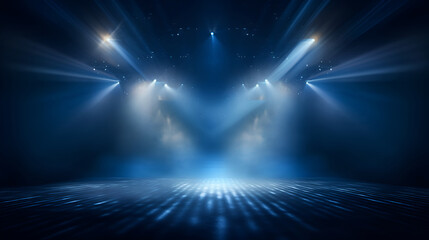 . Dark blue stage with spotlights lights and smoke. Illuminated stage.