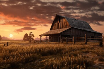 A picturesque barn standing in a field, with a beautiful sunset in the background. Perfect for nature or rural-themed designs. - obrazy, fototapety, plakaty