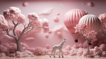 A majestic giraffe stands tall amidst a dreamy landscape of blooming flowers, vibrant hot air balloons, and soft pink clouds, evoking a sense of whimsy and wonder