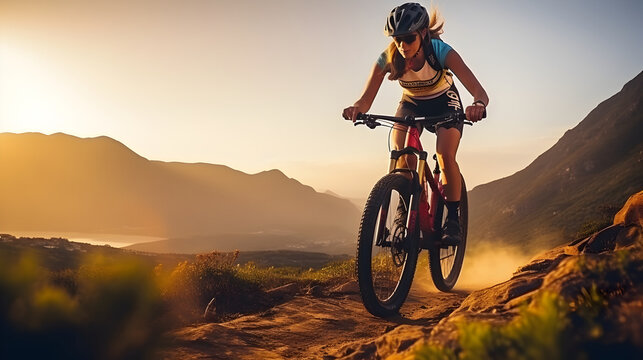 Female cyclist riding a bike on mountain trail, woman on sports bicycle - Powered by Adobe