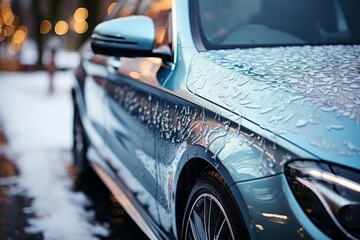 Car in snow. automobile in morning after snowfall