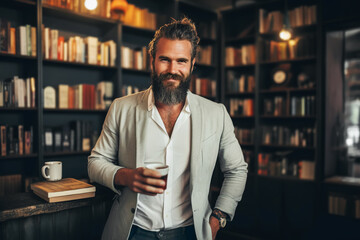 Brutal bearded man drinks cofee in bookstore