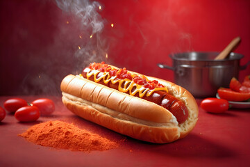 Smoked hotdog on a red background.