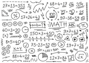 hand drawn math symbols. mathematical numbers, symbols and signs. hand drawn, number, symbol, sign and shapes. math concept