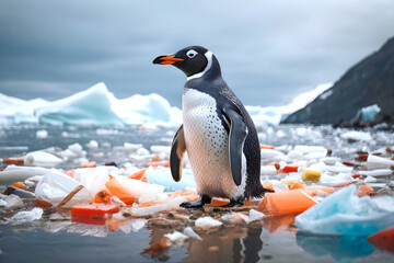 A penguin stands atop a melting iceberg among the plastic waste. Environmental issues. - obrazy, fototapety, plakaty