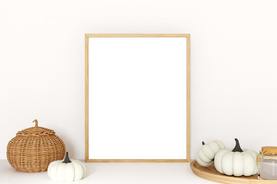 Mock up frame in autumn style with wood frame and white pumkin, 3d render	
