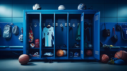 Sports equipment kept in blue locker room - obrazy, fototapety, plakaty