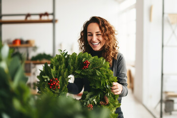 Attractive woman florist creating natural Christmas wreath in flower shop. Small business - obrazy, fototapety, plakaty