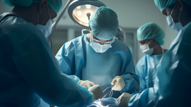 Team of surgeon doctors performing heart surgery operation for patient from organ donor in emergency surgical room