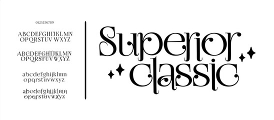 Classic Typography Minimal Fashion Designs. Typeface modern serif fonts and numbers. Elegant stylish alphabet letters font, ligatures, and vector