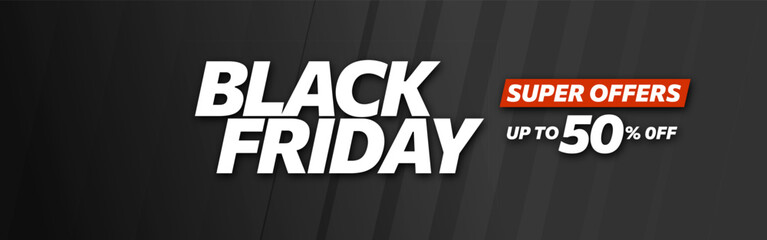 Design of Black Friday web banner. Template with modern linear typography text illustration isolated on black background with red details. Special offer 50% off sale horizontal banner.