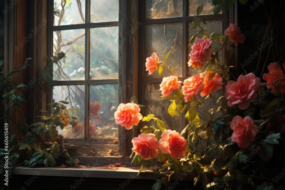 Poster A window with a bunch of flowers. Perfect for adding a touch of nature to any space.