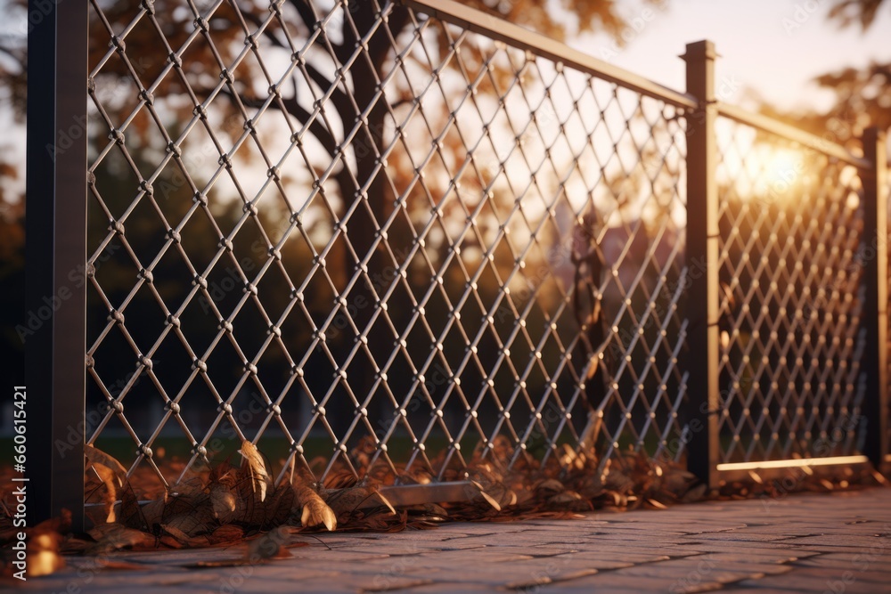 Poster a picture of a chain link fence with fallen leaves on the ground. this image can be used to depict c