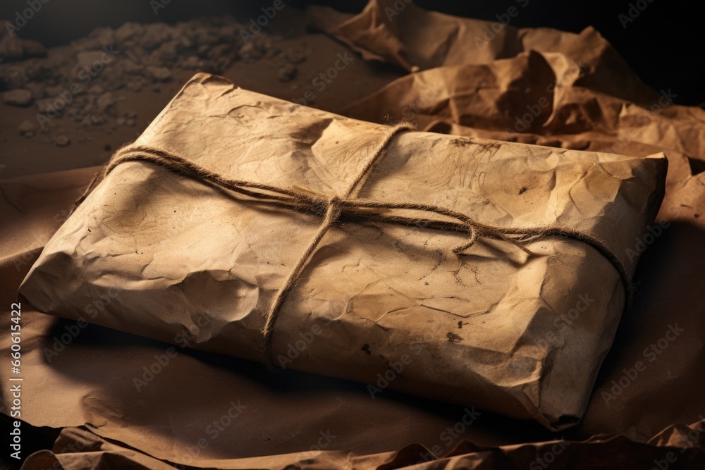 Poster a package wrapped in brown paper sitting on a piece of brown paper. suitable for various packaging a