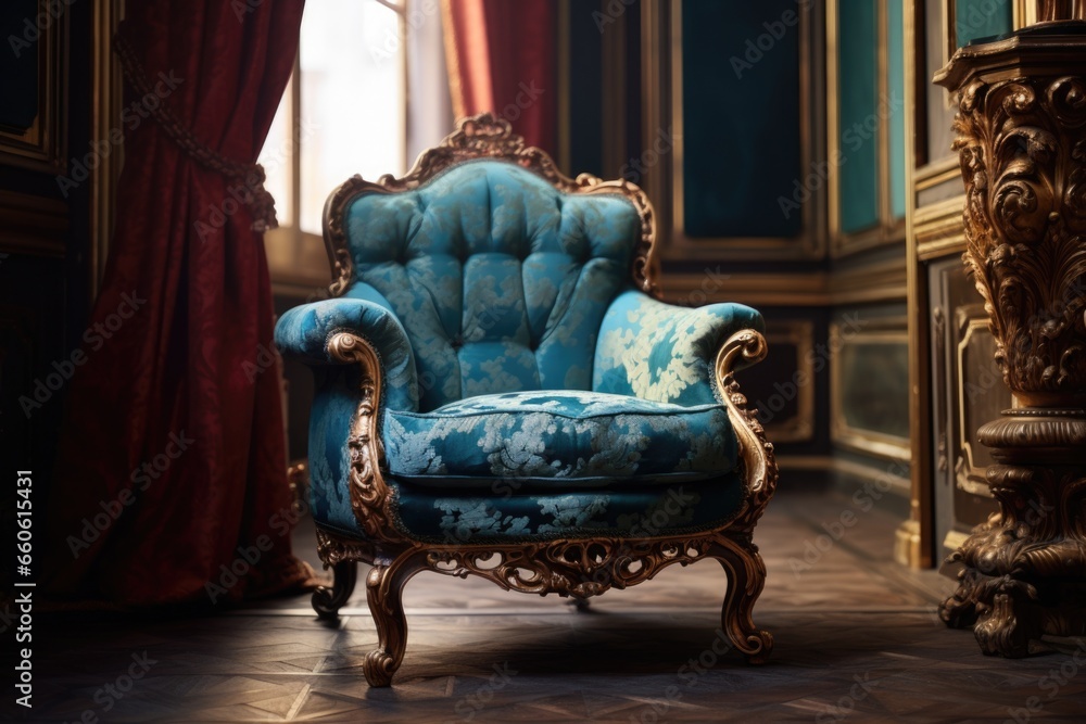 Poster a blue chair sits in a room next to a window. this image can be used to depict a cozy corner or a co