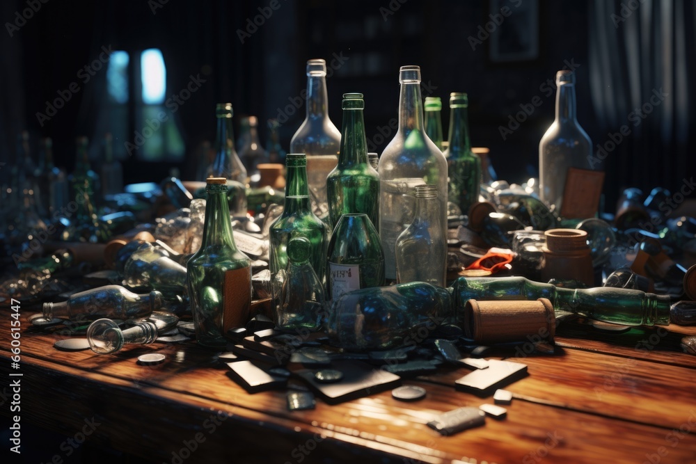 Poster a collection of empty glass bottles arranged neatly on a table. this image can be used to represent 