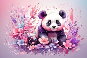 A detailed illustration of a print of a colorful baby panda with flowers. ai generative