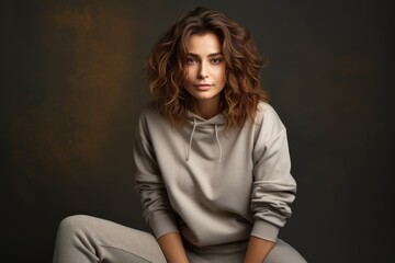 Naklejka premium studio photo of a beautiful supermodel, wearing a simple bright warm sweatshirt and trousers