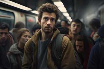 A man with a backpack standing in a crowded subway. Suitable for transportation, urban lifestyle, and commuter concepts.