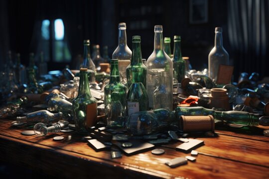 A collection of empty glass bottles arranged neatly on a table. This image can be used to represent recycling, waste management, or eco-friendly initiatives.