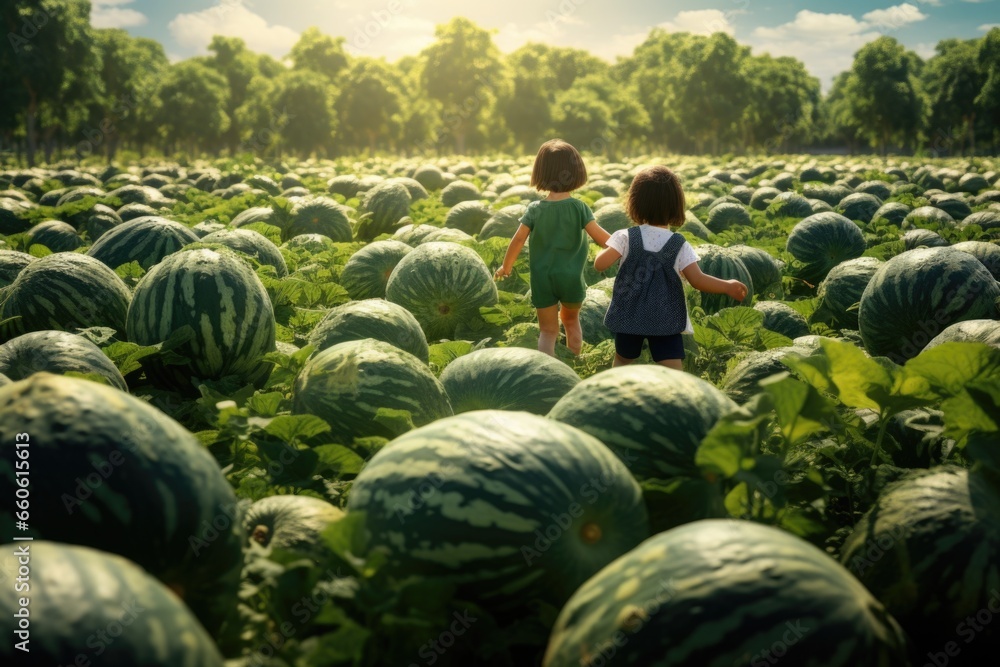 Poster a picture of a couple of kids standing in a field of watermelons. this image can be used to depict s