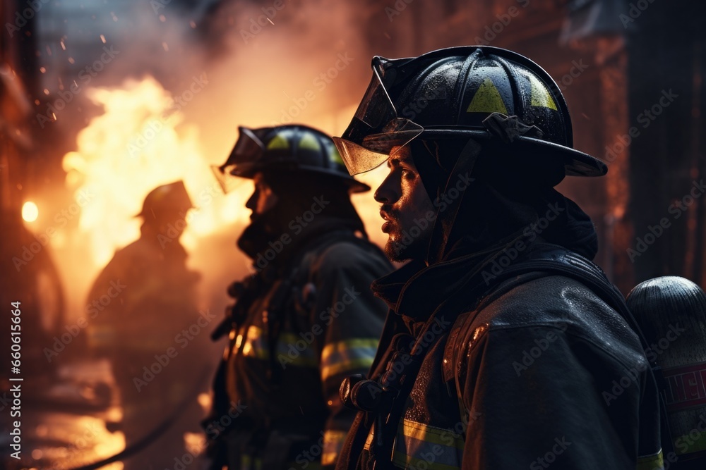 Poster a group of firefighters standing together in front of a raging fire. this powerful image captures th