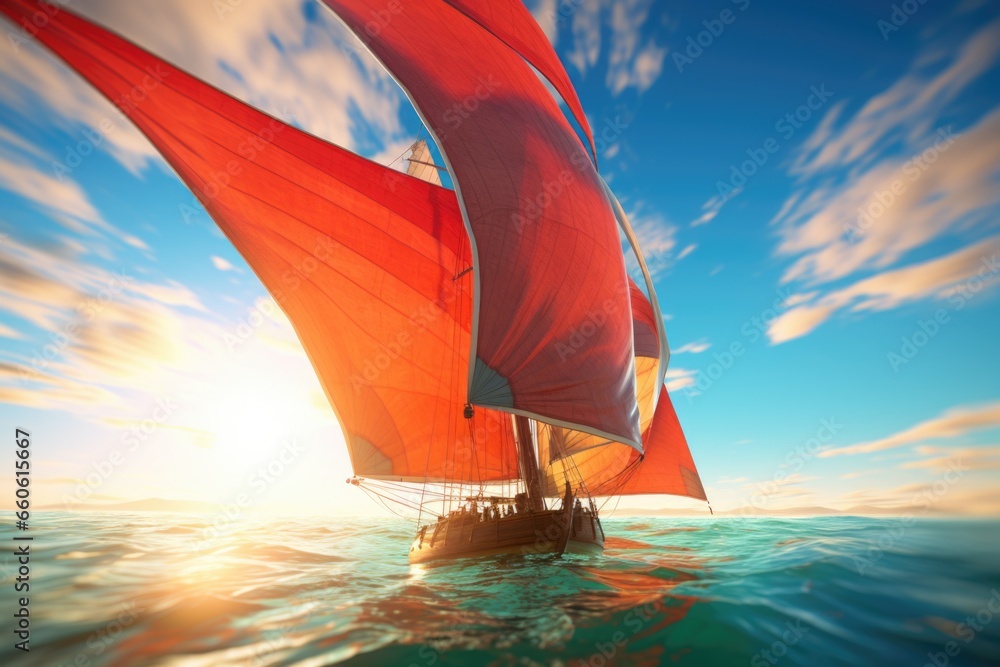 Poster a sailboat with red sails sailing in the ocean. suitable for travel brochures and advertisements.