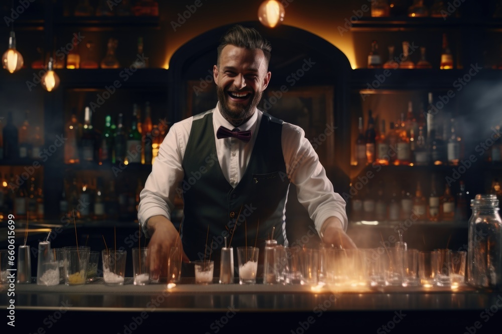 Aufkleber a man is seen standing behind a bar filled with glasses. this image can be used to depict a bartende