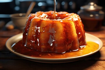A delicious bundt cake covered in rich caramel sauce, served on a plate. Perfect for dessert or...