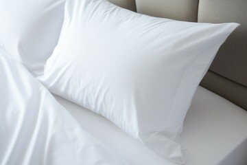 Fototapeta na wymiar Spacious Bed maid up pillows room. House travel. Generate Ai